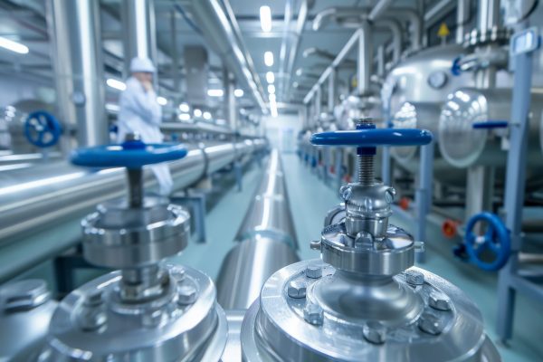 A clean and organized pharmaceutical plant where steel pipelines and valves are part of a sterile environment